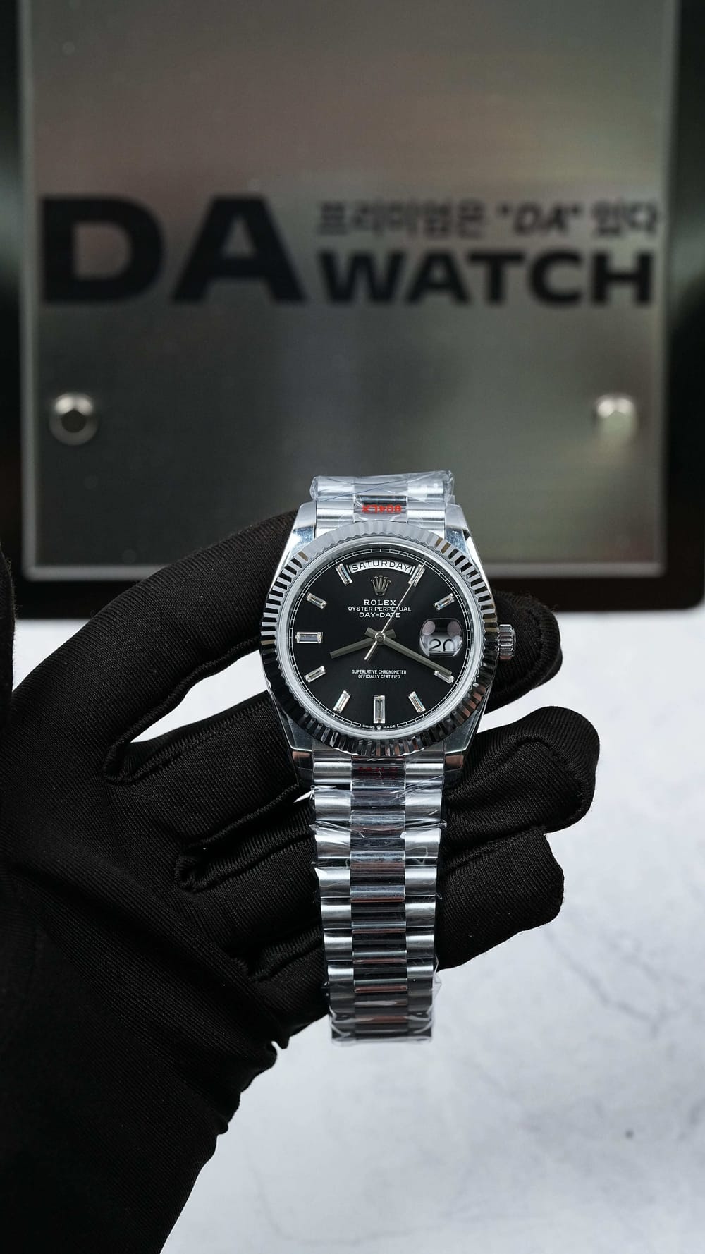 롤렉스 데이데이트 화이트골드 검판 바게트다이아 40mm