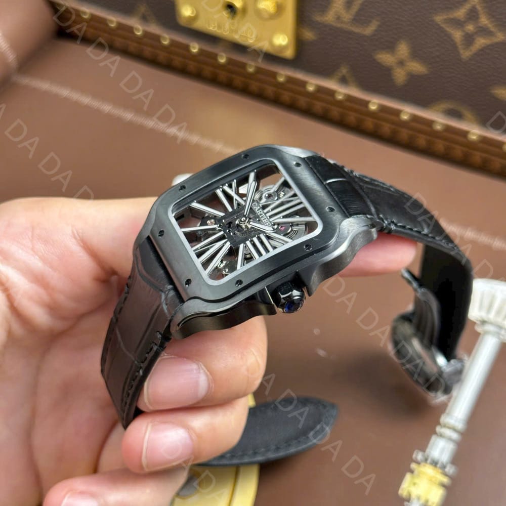 까르띠에 산토스 올블랙 스켈레톤 가죽밴드 라지 40mm 9